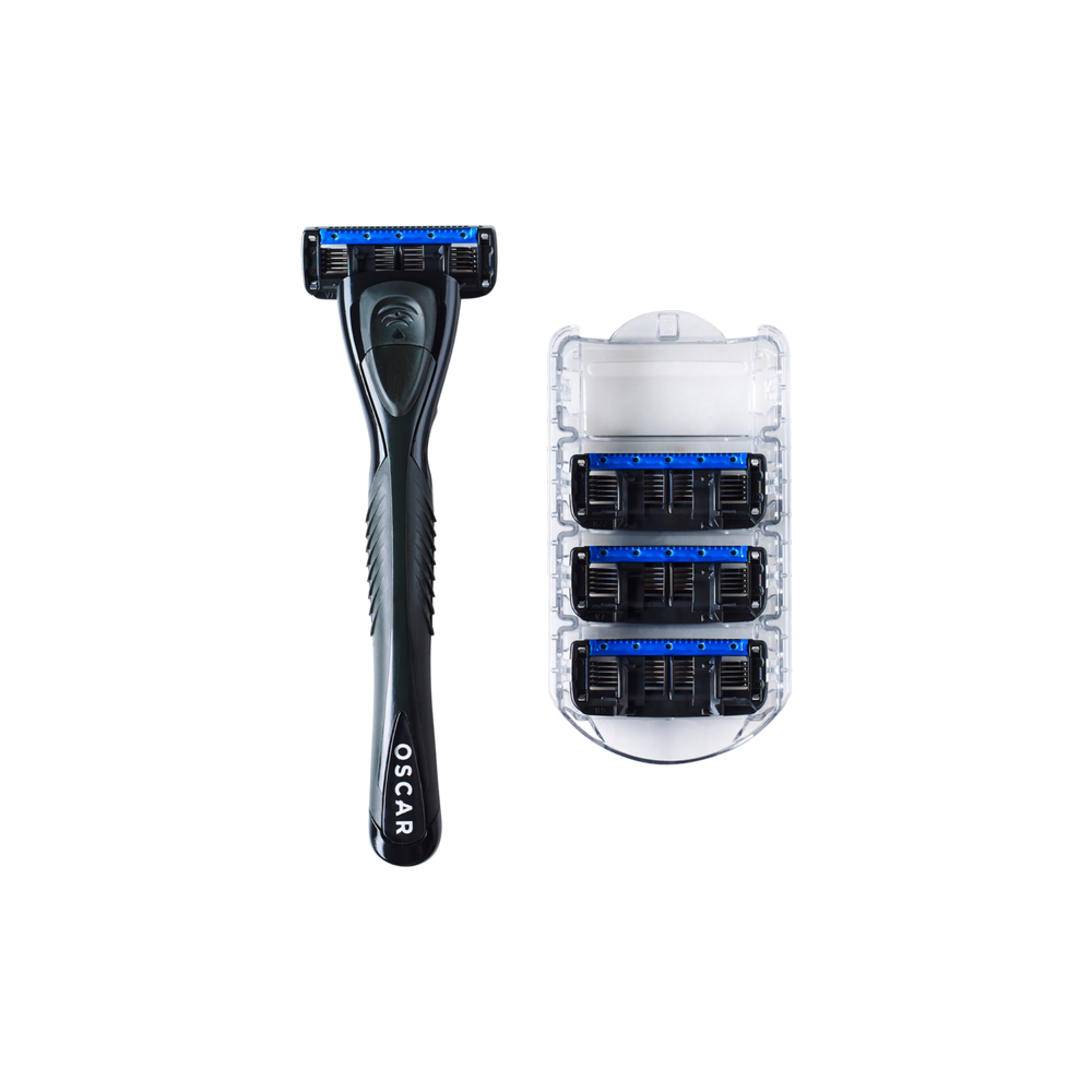 OSCAR RAZOR Sample Pack which contains 1 matte-black handle and 4 razor cartridges